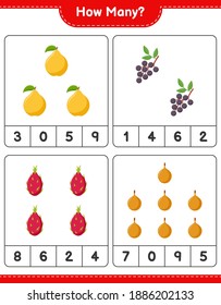 Counting game, how many fruits. Educational children game, printable worksheet, vector illustration