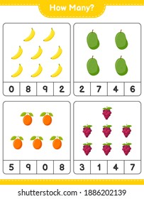 Counting game, how many fruits. Educational children game, printable worksheet, vector illustration