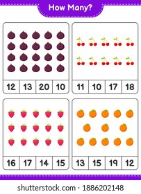 Counting game, how many fruits. Educational children game, printable worksheet, vector illustration