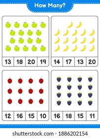 Counting game, how many fruits. Educational children game, printable worksheet, vector illustration