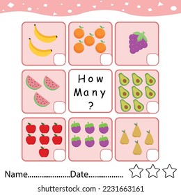 Counting game, how many fruits. Educational children game, printable worksheet,illustration