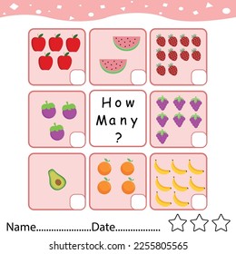 Counting game, how many fruits. Educational children game, printable worksheet