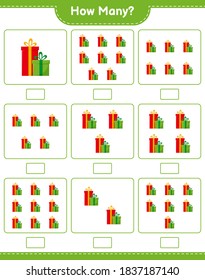 Counting game, how many Gift Boxes. Educational children game, printable worksheet, vector illustration