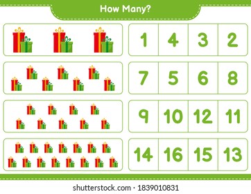 Counting game, how many Gift Boxes. Educational children game, printable worksheet, vector illustration