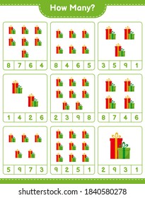 Juego de conteo, cuántas cajas de regalo. Juego infantil educativo, hoja de cálculo imprimible, ilustración vectorial