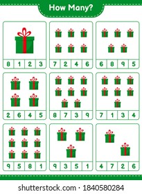 Juego de conteo, cuántas cajas de regalo. Juego infantil educativo, hoja de cálculo imprimible, ilustración vectorial