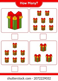 Counting Spiel, wie viele Geschenkbox. Kinderspiel, druckbares Arbeitsblatt, Vektorgrafik