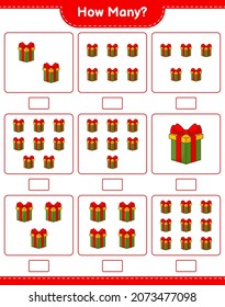 Counting game, how many Gift Box. Educational children game, printable worksheet, vector illustration