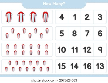 Counting game, how many Gift Box. Educational children game, printable worksheet, vector illustration