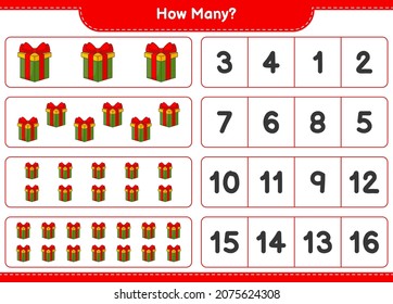 Counting game, how many Gift Box. Educational children game, printable worksheet, vector illustration