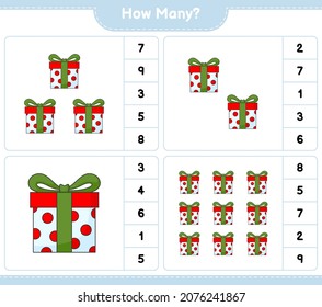 Contando juego, cuántas cajas de regalo. Juego infantil educativo, hoja de cálculo imprimible, ilustración vectorial