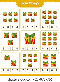 Counting game, how many Gift Box. Educational children game, printable worksheet, vector illustration