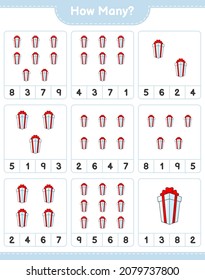 Counting game, how many Gift Box. Educational children game, printable worksheet, vector illustration