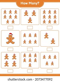 Contando el juego, cuántos hombres de pan de jengibre. Juego infantil educativo, hoja de cálculo imprimible, ilustración vectorial