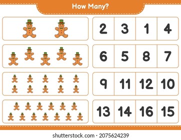 Contando el juego, cuántos hombres de pan de jengibre. Juego infantil educativo, hoja de cálculo imprimible, ilustración vectorial