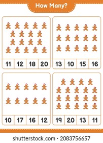 Contando el juego, cuántos hombres de pan de jengibre. Juego infantil educativo, hoja de cálculo imprimible, ilustración vectorial
