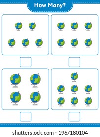 Counting game, how many Globe. Educational children game, printable worksheet, vector illustration