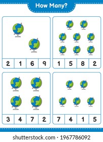 Counting game, how many Globe. Educational children game, printable worksheet, vector illustration