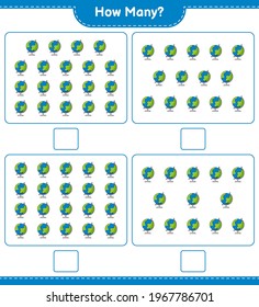 Counting game, how many Globe. Educational children game, printable worksheet, vector illustration