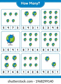 Contando el juego, cuántos Globe. Juego infantil educativo, hoja de cálculo imprimible, ilustración vectorial