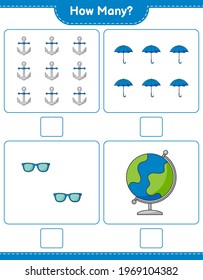 Counting game, how many Globe, Umbrella, Sunglasses, and Anchor. Educational children game, printable worksheet, vector illustration