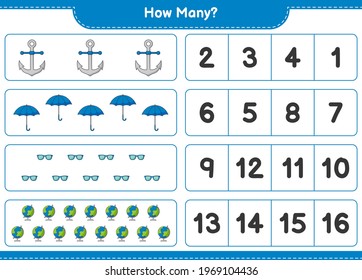 Counting game, how many Globe, Umbrella, Sunglasses, and Anchor. Educational children game, printable worksheet, vector illustration
