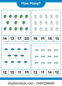 Counting game, how many Globe, Umbrella, Sunglasses, and Anchor. Educational children game, printable worksheet, vector illustration