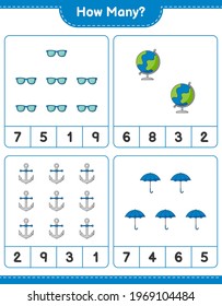 Counting game, how many Globe, Umbrella, Sunglasses, and Anchor. Educational children game, printable worksheet, vector illustration
