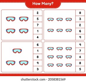Counting game, how many Goggle. Educational children game, printable worksheet, vector illustration
