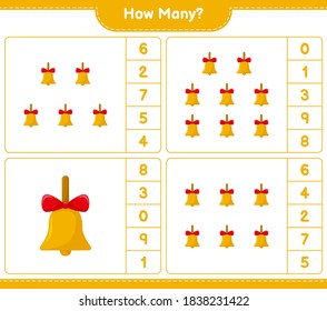 Counting game, how many Golden Christmas bells. Educational children game, printable worksheet, vector illustration