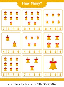 Counting game, how many Golden Christmas bells. Educational children game, printable worksheet, vector illustration