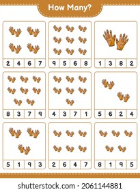Juego de conteo, cuántos guantes de golf. Juego infantil educativo, hoja de cálculo imprimible, ilustración vectorial