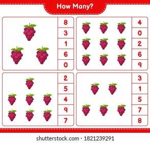 Contando el juego, cuántas uvas. Juego infantil educativo, hoja de cálculo imprimible, ilustración vectorial