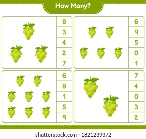 Counting game, how many Grape. Educational children game, printable worksheet, vector illustration