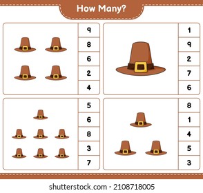 Counting game, how many Hat. Educational children game, printable worksheet, vector illustration