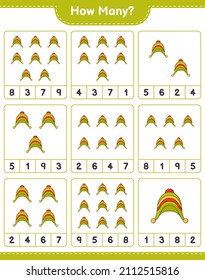 Counting game, how many Hat. Educational children game, printable worksheet, vector illustration