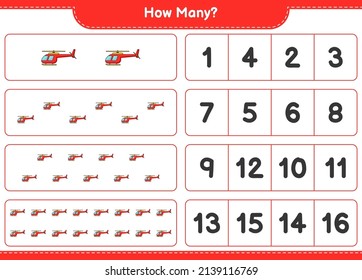 Contando juego, cuántos Helicópteros. Juego infantil educativo, hoja de cálculo imprimible, ilustración vectorial
