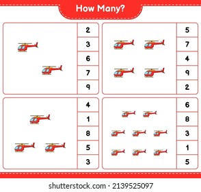 Zählspiel, wie viele Hubschrauber. Kinderspiel, druckbares Arbeitsblatt, Vektorgrafik