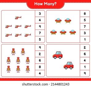 Counting game, how many Helicopter, Ufo, Robot, and Car. Educational children game, printable worksheet, vector illustration