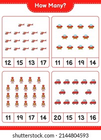 Counting game, how many Helicopter, Ufo, Robot, and Car. Educational children game, printable worksheet, vector illustration