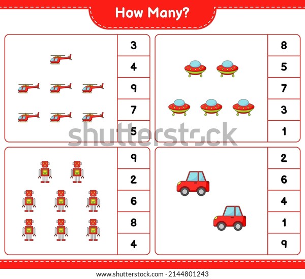 Counting game, how many Helicopter, Ufo,\
Robot, and Car. Educational children game, printable worksheet,\
vector illustration