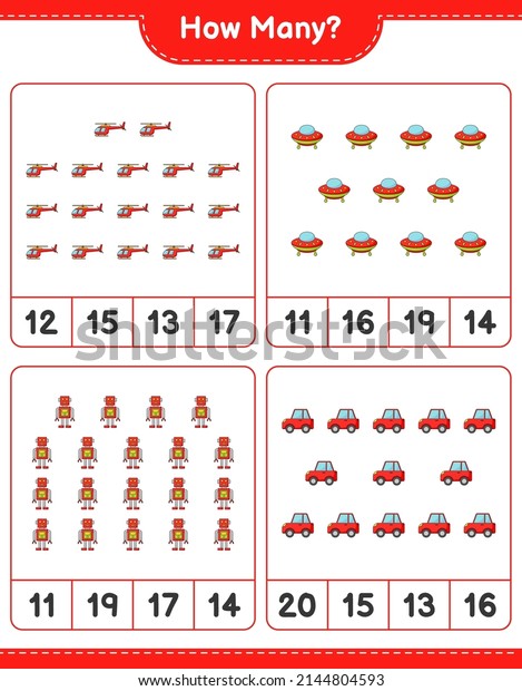Counting game, how many Helicopter, Ufo,\
Robot, and Car. Educational children game, printable worksheet,\
vector illustration