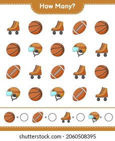 Counting game, how many Hockey Helmet, Roller Skate, Basketball, and Soccer Ball. Educational children game, printable worksheet, vector illustration