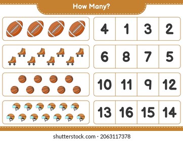 Counting game, how many Hockey Helmet, Roller Skate, Basketball, and Soccer Ball. Educational children game, printable worksheet, vector illustration