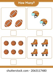 Counting game, how many Hockey Helmet, Roller Skate, Basketball, and Soccer Ball. Educational children game, printable worksheet, vector illustration