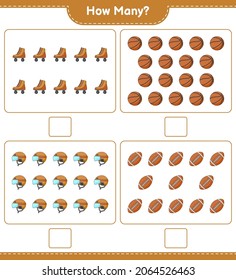 Counting game, how many Hockey Helmet, Roller Skate, Basketball, and Soccer Ball. Educational children game, printable worksheet, vector illustration