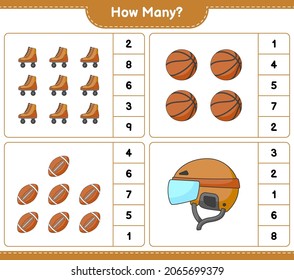 Counting game, how many Hockey Helmet, Roller Skate, Basketball, and Soccer Ball. Educational children game, printable worksheet, vector illustration