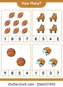 Counting game, how many Hockey Helmet, Roller Skate, Basketball, and Soccer Ball. Educational children game, printable worksheet, vector illustration