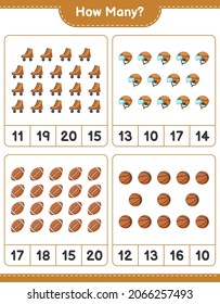 Counting game, how many Hockey Helmet, Roller Skate, Basketball, and Soccer Ball. Educational children game, printable worksheet, vector illustration
