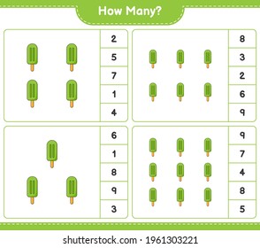 Counting game, how many Ice Cream. Educational children game, printable worksheet, vector illustration